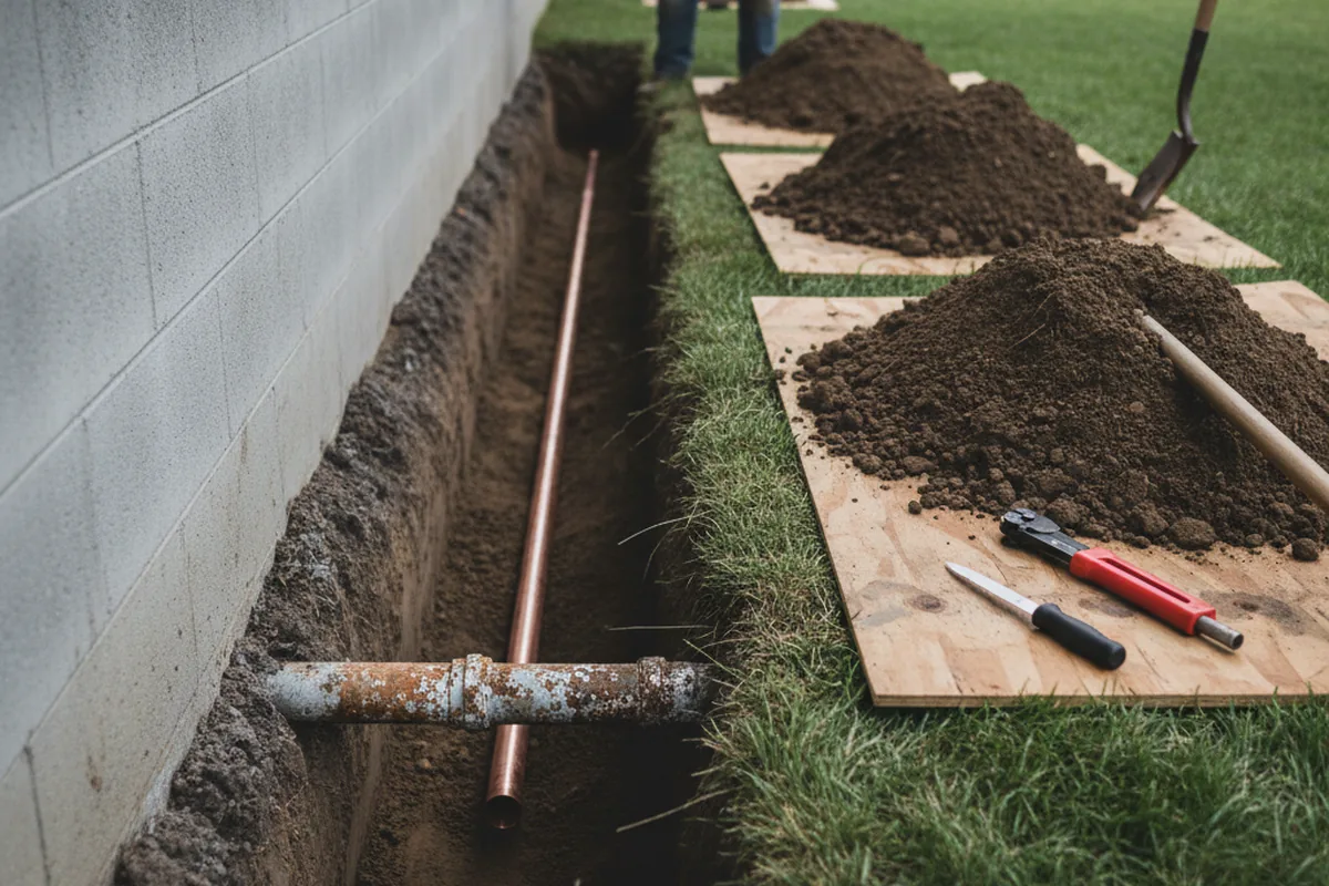 Excavated water line trench during Sewer Line Repair in Norvelt